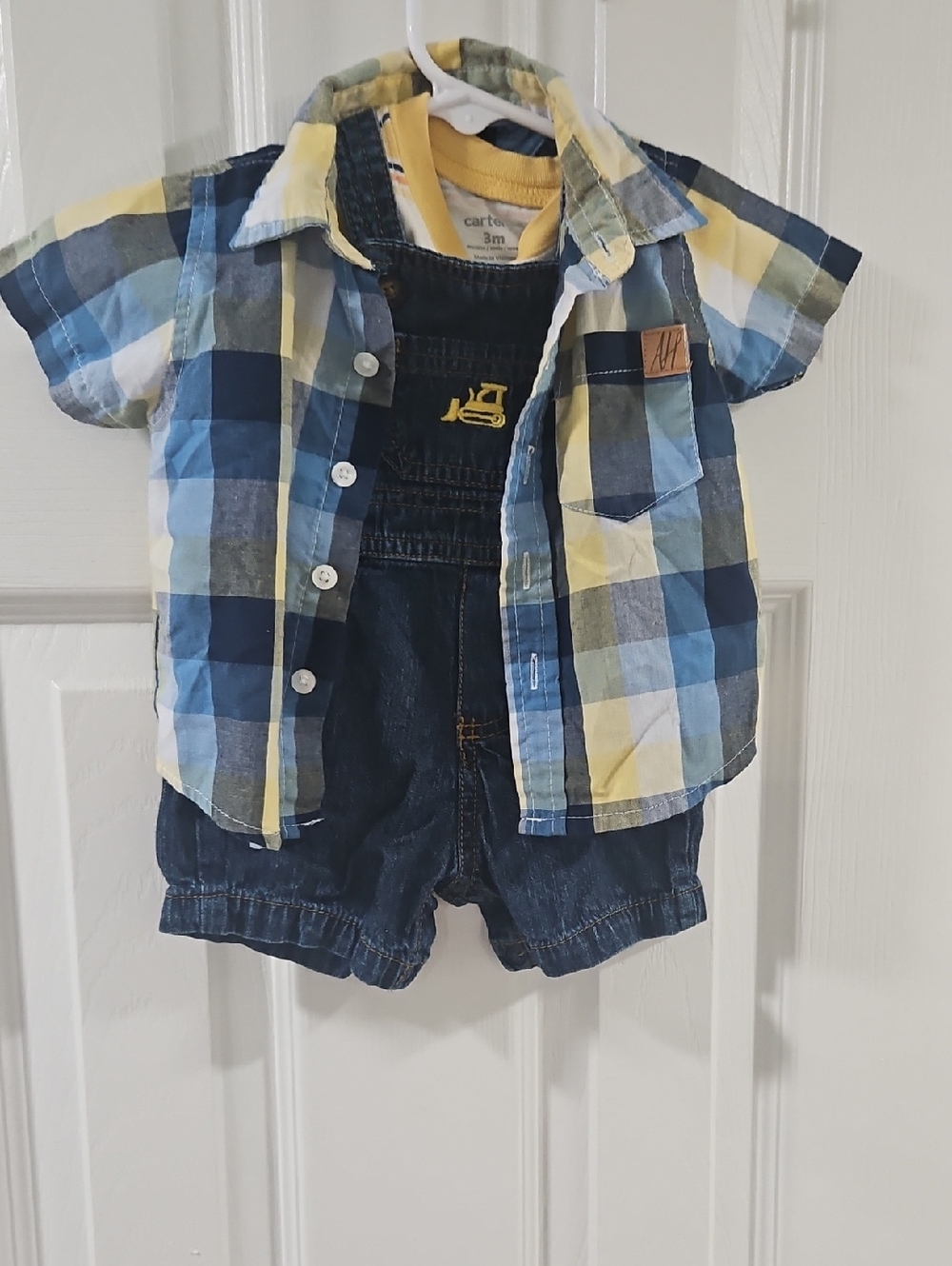 Plaid Short Sleeve Button-Up & Denim Shortalls Set - Blue, Yellow